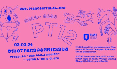 grafica sfondo rosa e disegni blu con testo in font sicodellico che presenta il prpgrama del cinetransfemminista per il compleanno di PT